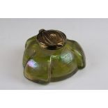 Art Nouveau ' Loetz ' iridescent glass Inkwell with a green trail work design, the brass lid stamped