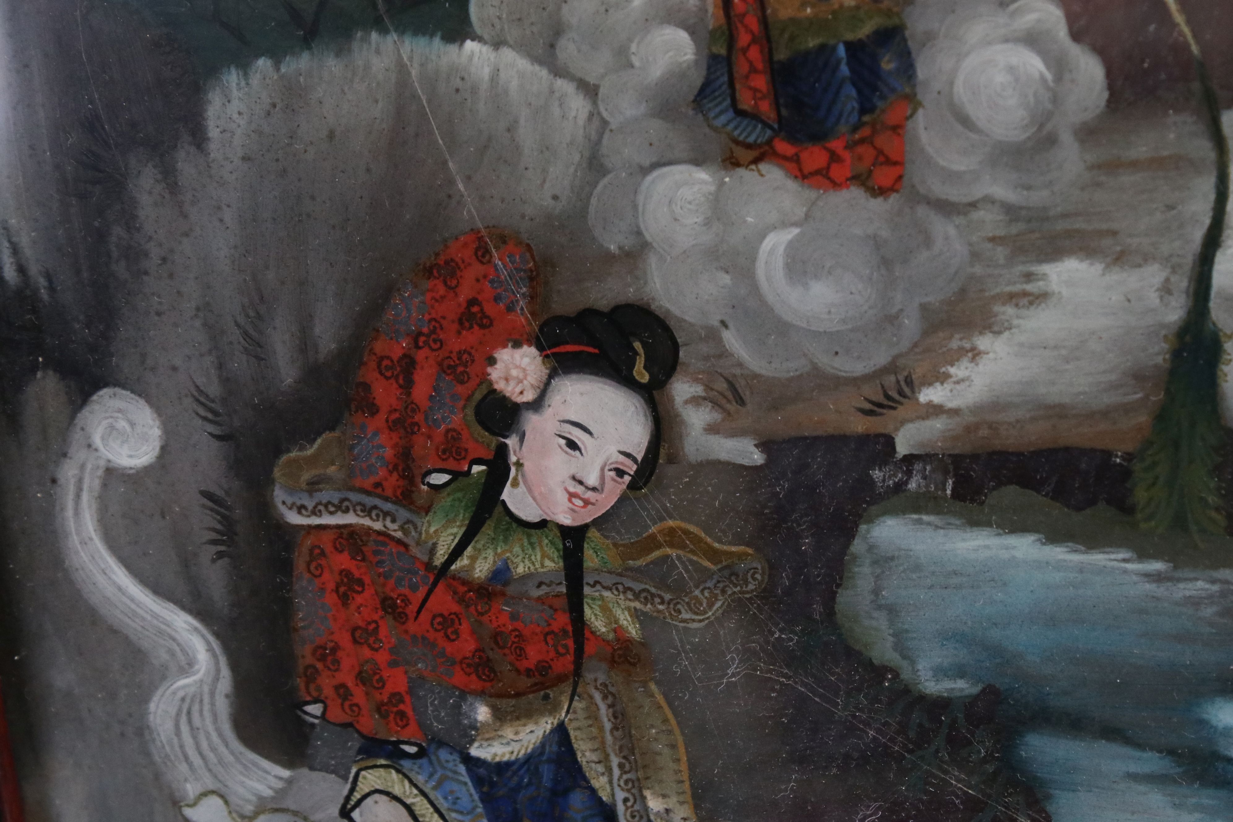 Chinese Reverse Painted Mirror decorated with figures in a landscape floating on clouds contained - Image 5 of 10