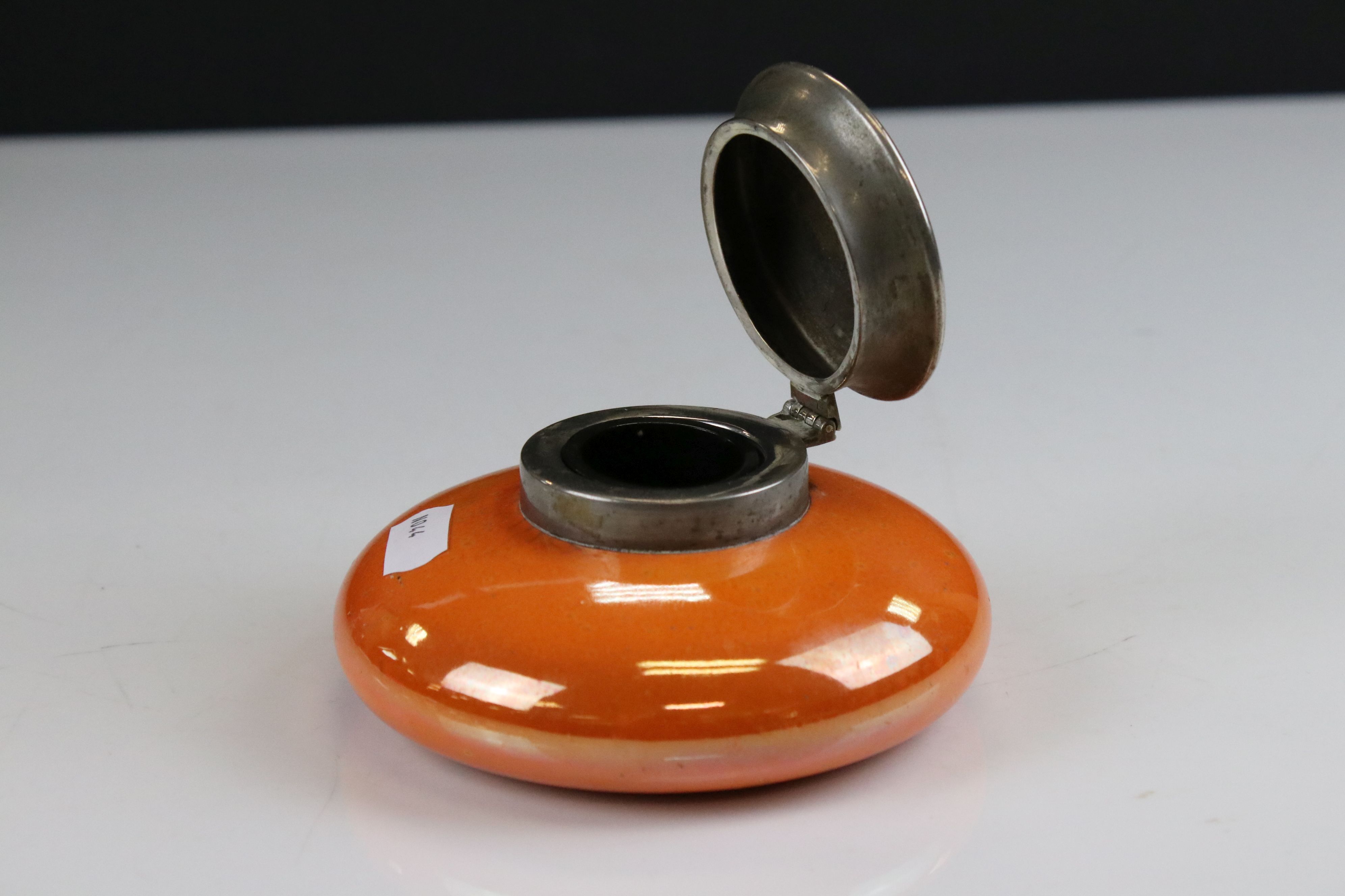 Moorcroft Orange Glazed Inkwell with silver plate lid, impressed marks to base, 12cms diameter