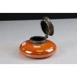 Moorcroft Orange Glazed Inkwell with silver plate lid, impressed marks to base, 12cms diameter