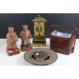Five Oriental Items including Cast Iron Circular Incense Burner, Red Lacquered Three Sectioned