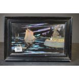 Ebonized framed painting of glass with applied butterfly wings, Dutch coastal view, signed with