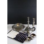 Mixed Lot of Silver Plate including Three Piece Tea Service, Pair of Ejector Candlesticks and a