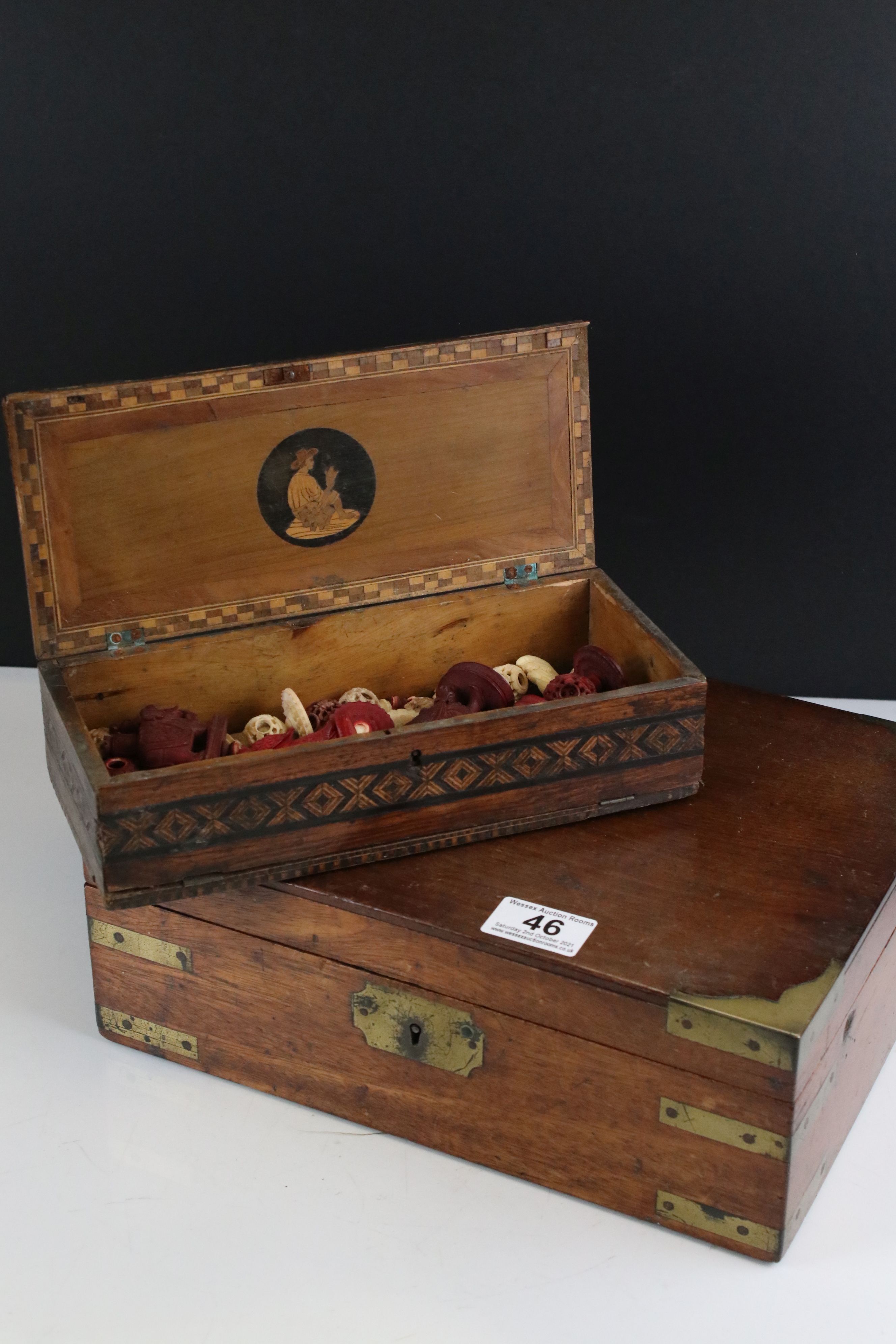 19th century Mahogany Brass Bound Box, 30cms long together with a 19th century Tunbridge Ware Box ( - Image 7 of 32