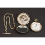 A vintage gents pocket watch together with an Albert chain and a pocket mirror.