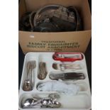 A box of mixed silver plated items to include cutlery, toast rack, trays, condiment set and