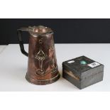 Joseph Sankey Art Nouveau Copper Lidded Jug with embossed stylised decoration, 20cms high together