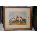 Framed oil painting, equine study of a gypsy rider with horse, in a landscape