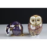 Two Royal Crown Derby Ceramic Paperweights - Barn Owl and Badger, both with gold stoppers