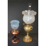 Hinks Brass Oil Lamp with Opaque White embossed tulip shaped shade and chimney, overall height 57cms