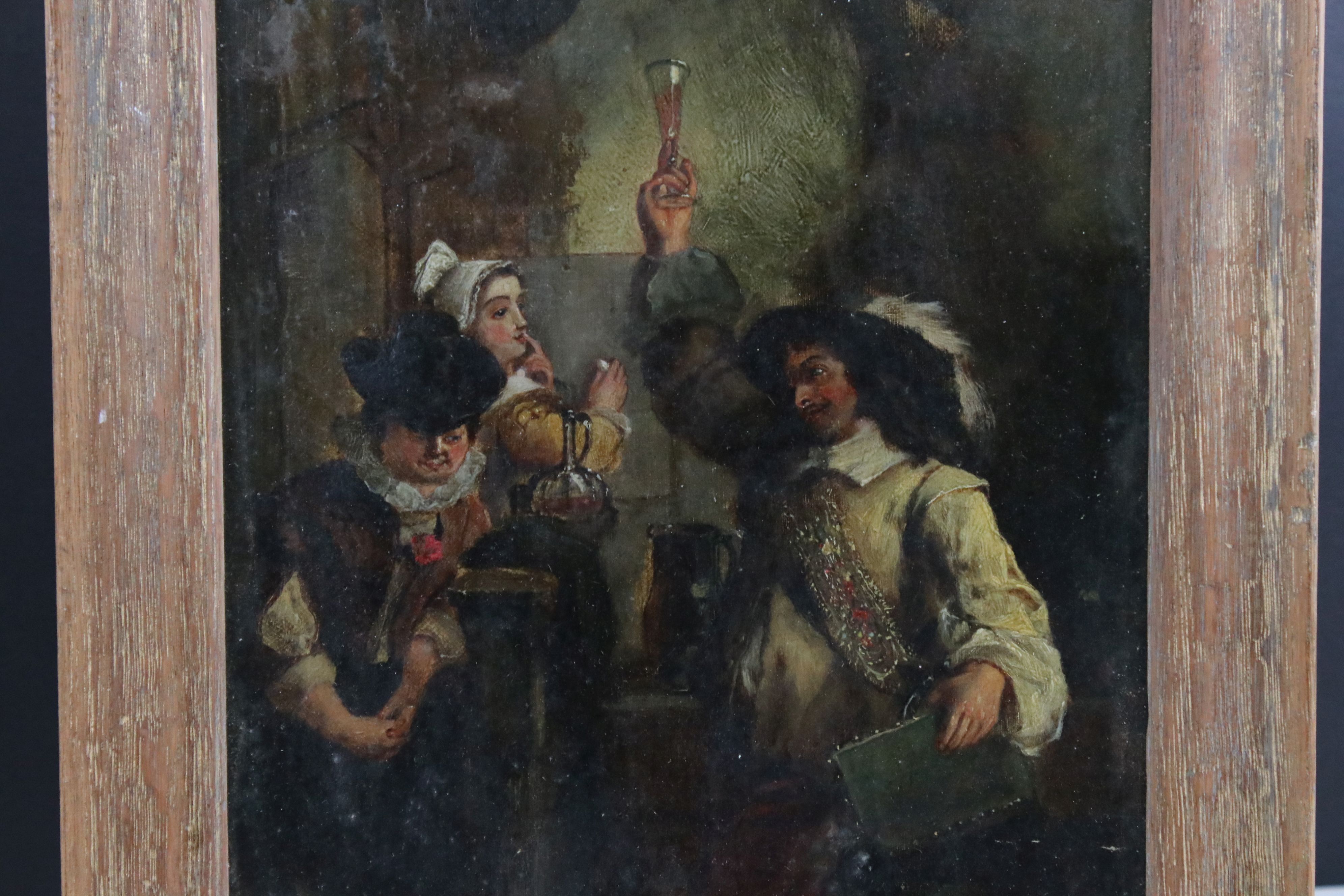 Oil painting of a 17th century interior inn scene with figures in costume, to include a cavalier - Image 3 of 4