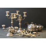 Collection of Silver Plate including a Walker & Hall Three Piece Tea Service, Candelabra, Cutlery,