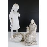 Two plaster figures to include a girl with lizard and a religious figure.