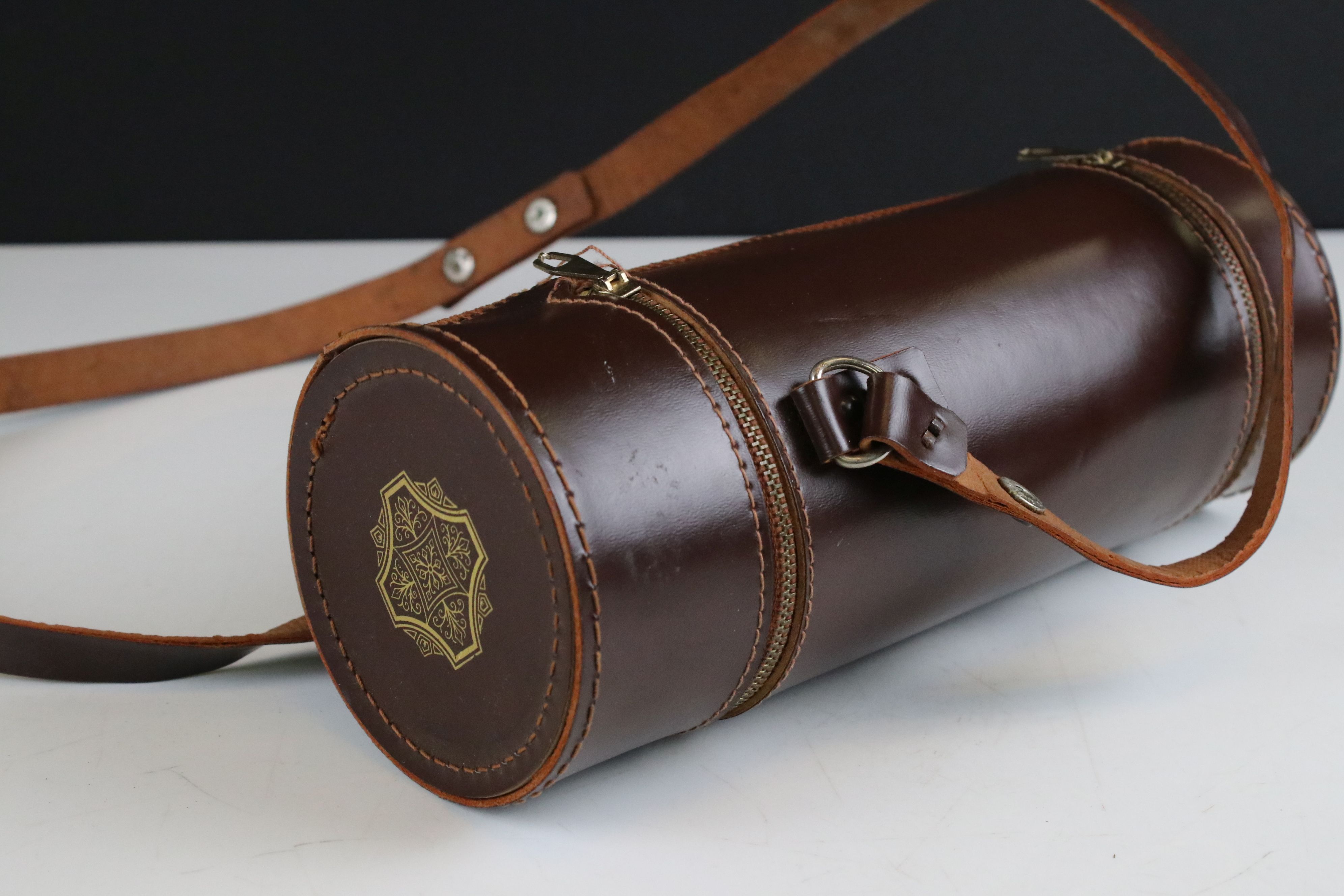 Leather cased triple spirit flask, set with three cups in separate compartments - Image 9 of 10