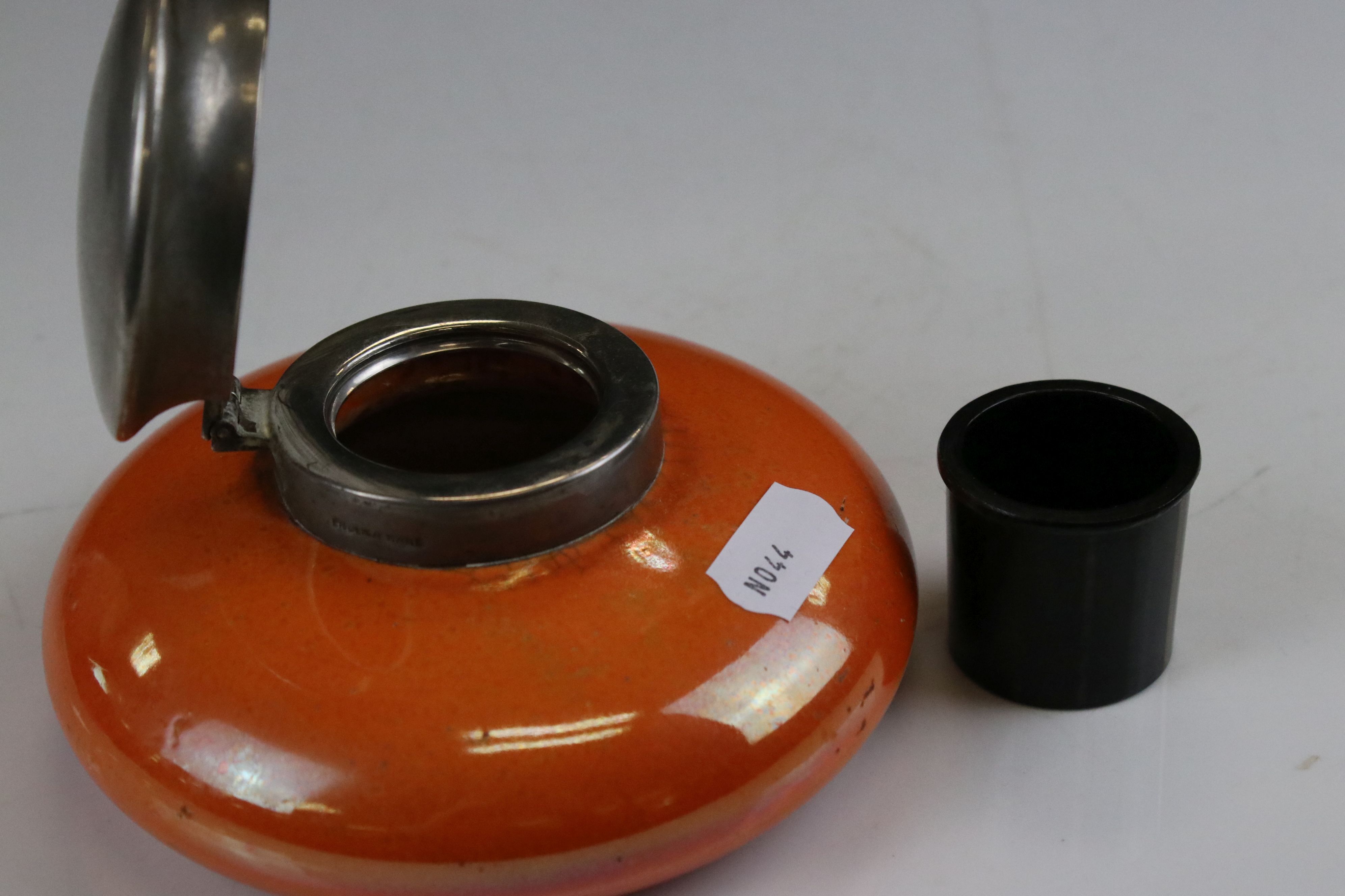 Moorcroft Orange Glazed Inkwell with silver plate lid, impressed marks to base, 12cms diameter - Image 7 of 10