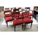 Set of Six William IV Mahogany Bar Back Dining Chairs with carved mid rails, drop in seats and sabre
