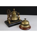 Wooden and brass hotel / shop reception bell, together with an unusual swing bell on wooden base