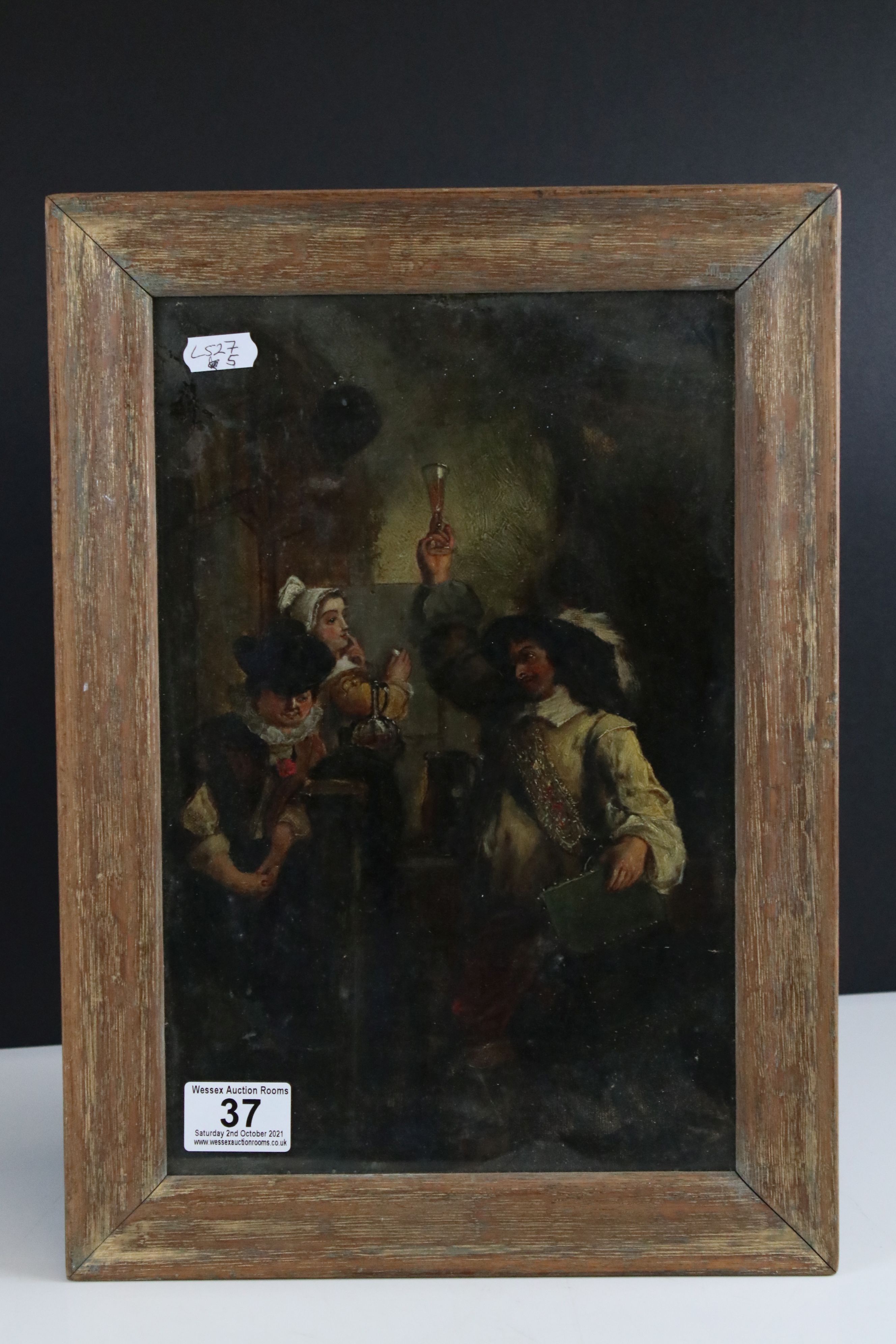 Oil painting of a 17th century interior inn scene with figures in costume, to include a cavalier - Image 2 of 4