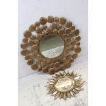 Gilt Metal Sunburst Style Mirror, 47cms diameter together with another Gilt Metal Mirror, 73cms