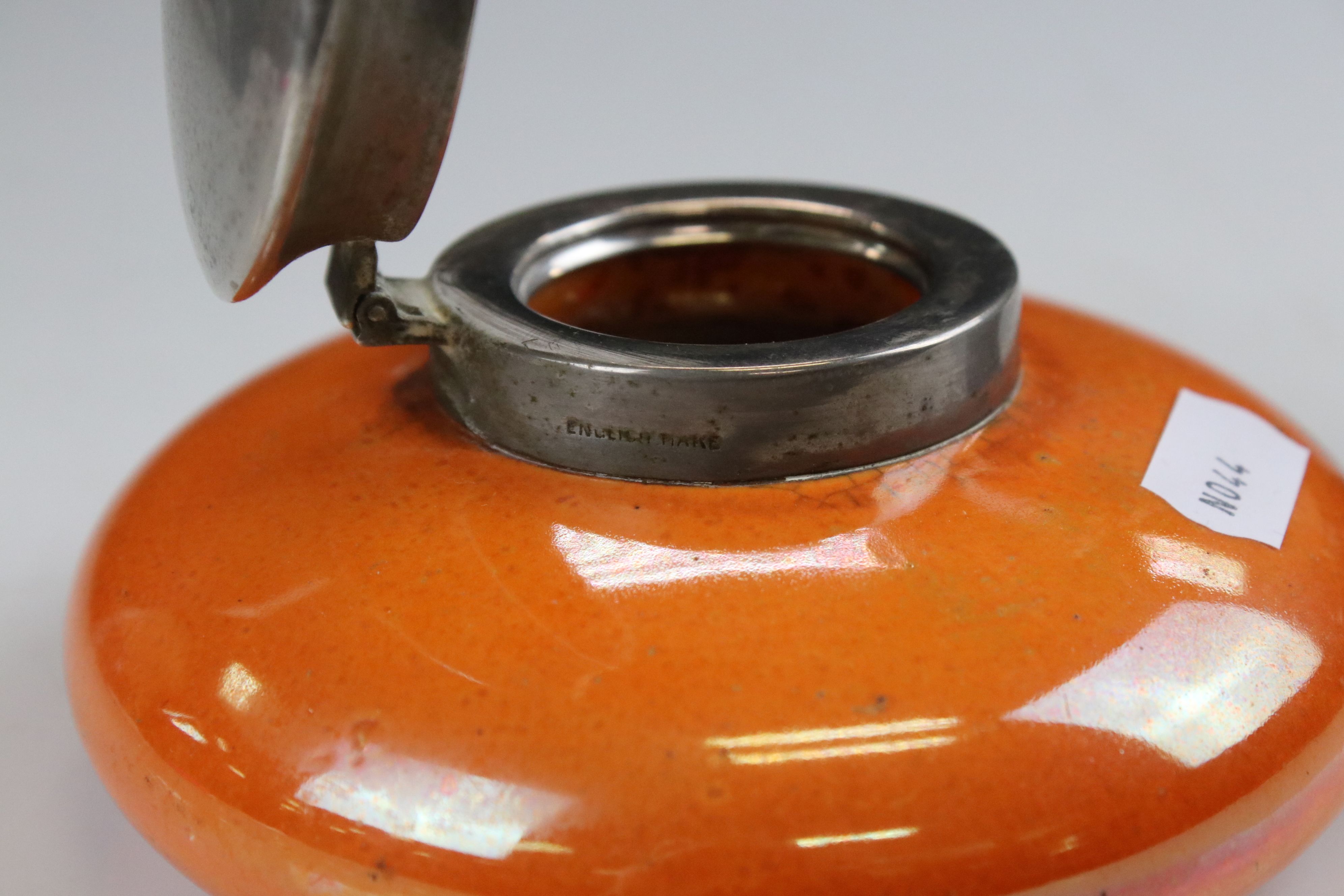 Moorcroft Orange Glazed Inkwell with silver plate lid, impressed marks to base, 12cms diameter - Image 6 of 10