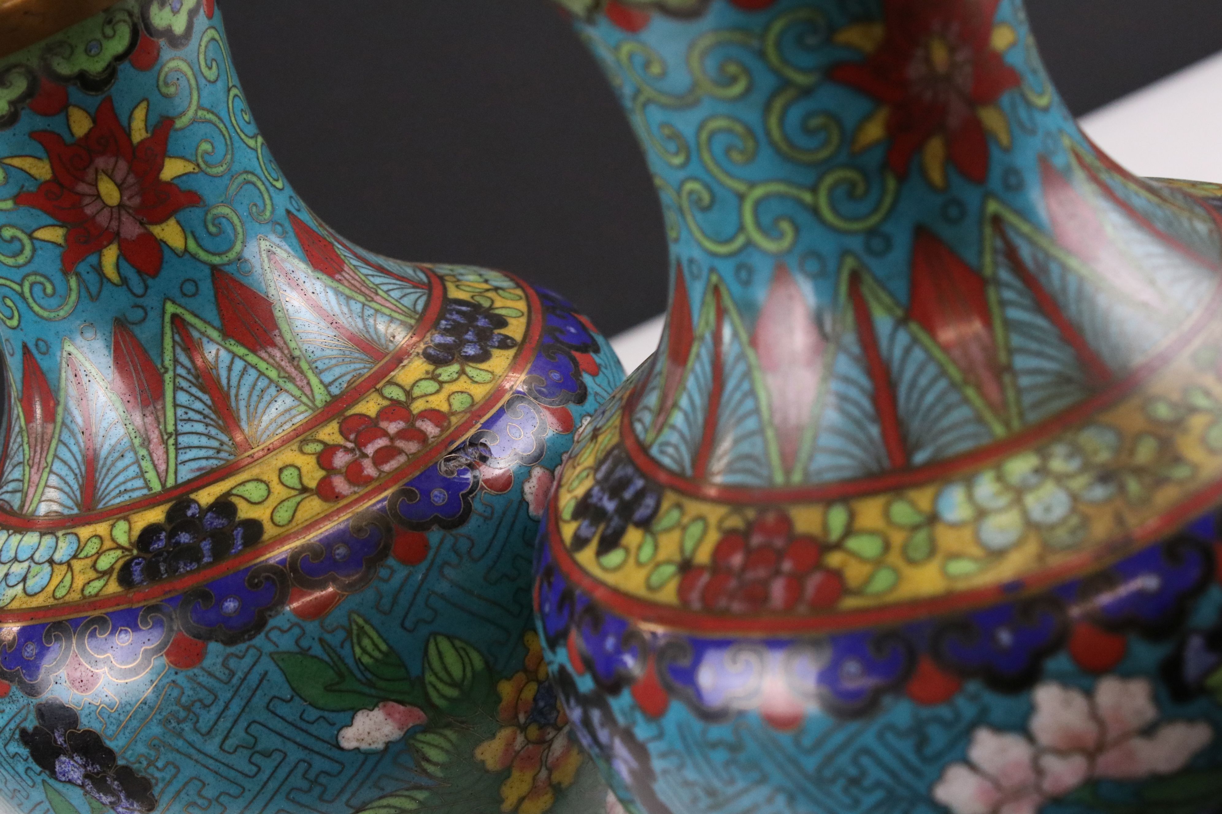Pair of Chinese Cloisonne Vases decorated with flowers on a turquoise ground, 27cms high - Image 9 of 12