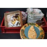 A box of mixed ceramics to include Imari pattern plates, Chinese horse figures and a victorian jug.