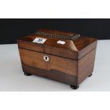 Georgian Rosewood Tea Caddy of sarcophagus form, the hinged lid opening to two lidded