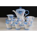 Art Deco Shelley Blue Phlox Coffee Set comprising Coffee Pot, Milk Jug, Sugar Bowl, Six Cups and Six
