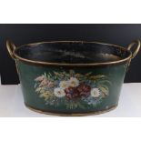 Galvanised Twin Handled Bath / Planter, painted with a floral scene to front, 64cms long