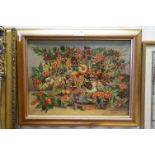 Early 20th century Oil Painting on Canvas Still Life of Autumn Fruits and Foliage, monogrammed