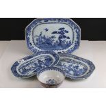 Chinese Famille Rose Bowl decorated with figures, 15cms diameter together with Three Chinese Blue