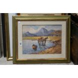 Framed oil painting of a coastal scene with horse & cart, cottages and hills beyond, believed to