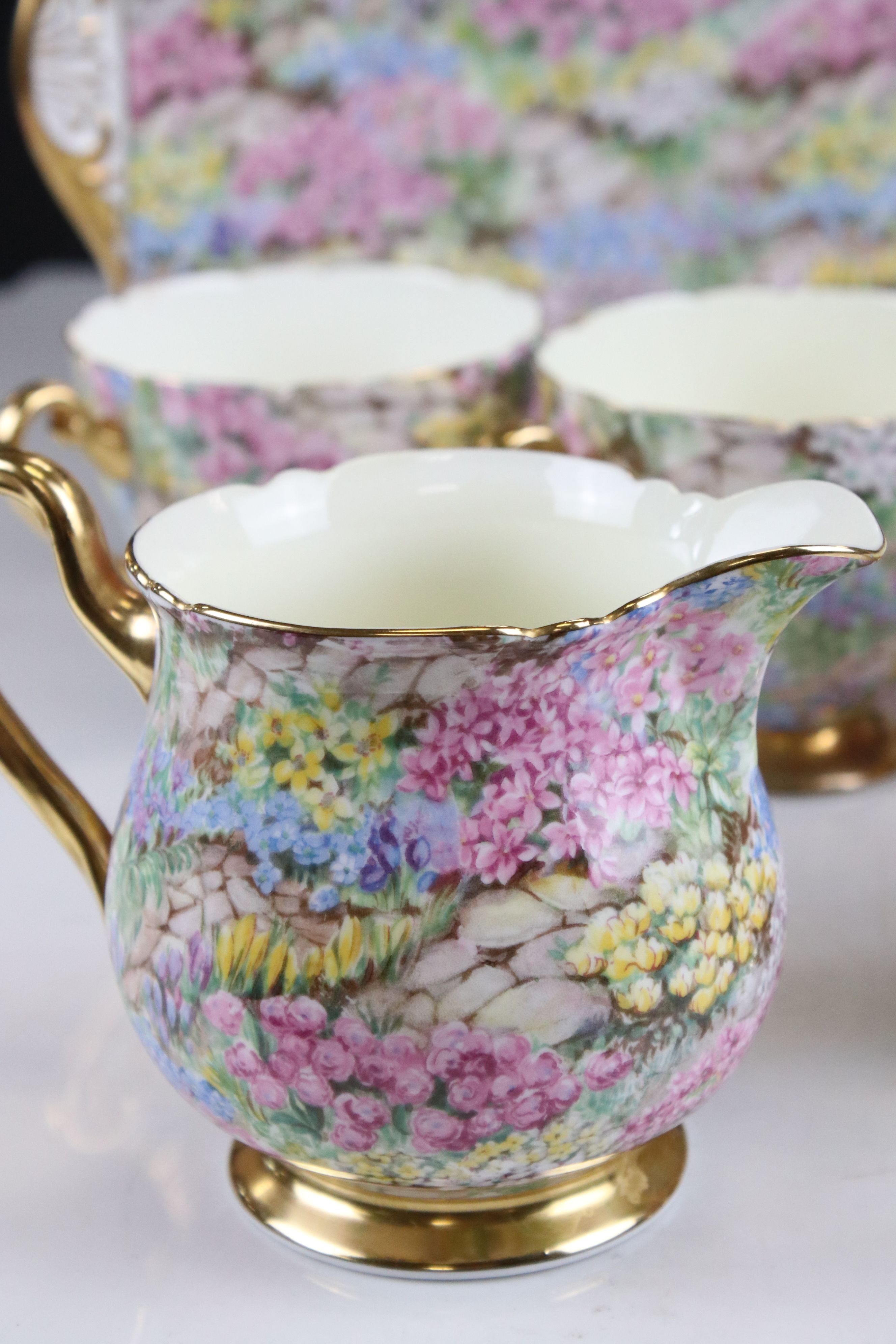 Shelley Rock Garden Tea Set comprising Six Cups, Saucers and Tea Plates plus Milk Jug, Sugar Bowl - Image 3 of 10