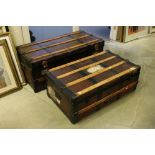 Two Early 20th century Wooden and Iron Bound Steamer Trunks, one with luggage labels, largest 100cms