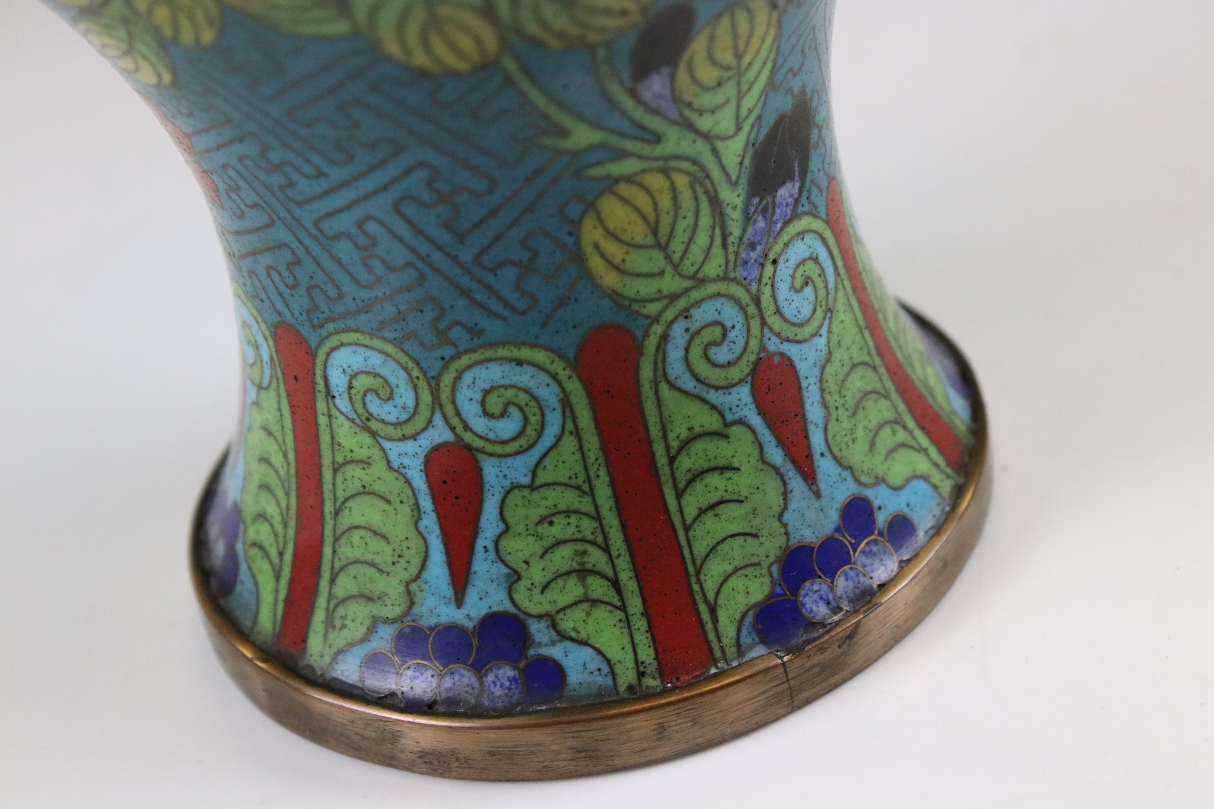 Pair of Chinese Cloisonne Vases decorated with flowers on a turquoise ground, 27cms high - Image 8 of 12