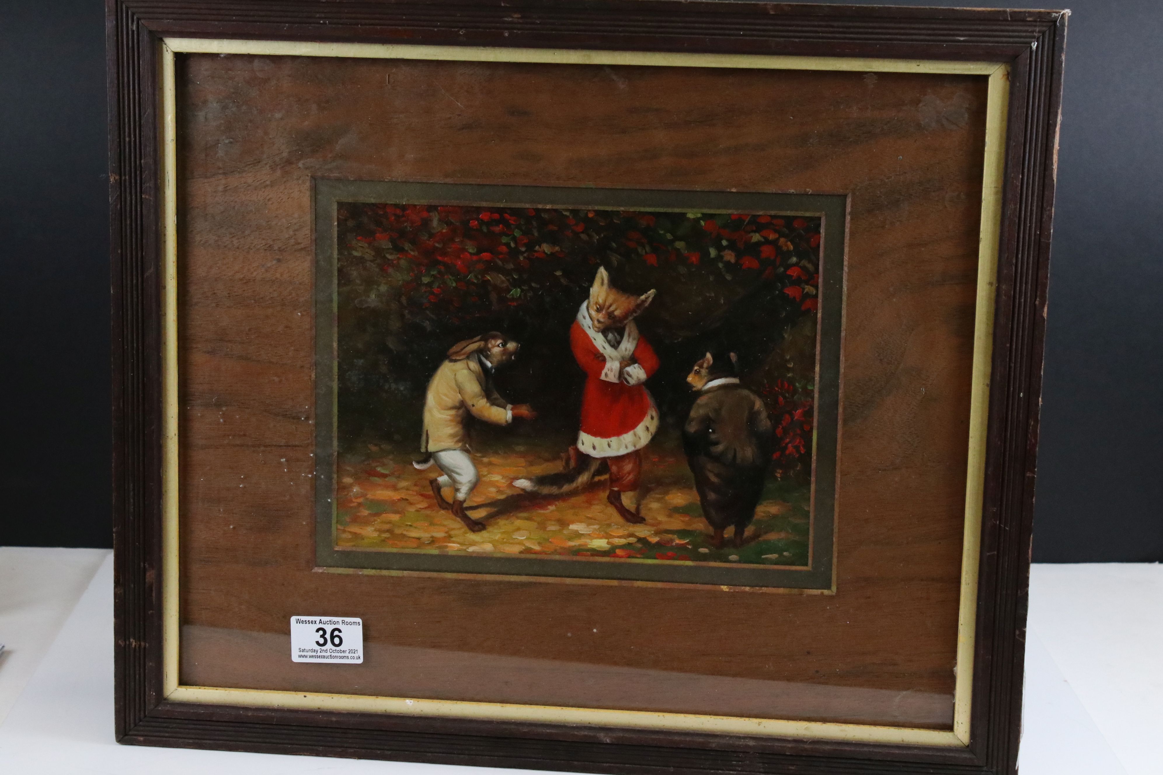 Framed oil painting, a satirical scene of animals dressed in clothing, a fox, a rabbit & a rat