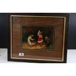 Framed oil painting, a satirical scene of animals dressed in clothing, a fox, a rabbit & a rat