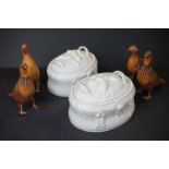 Two Portmeirion White Glazed Game Tureens together with Four Straw made Models of Game Birds