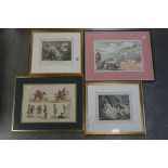 Four Caricature Pictures - Rowlandson Engraving ' Preparing to start ' 35cms x 24cms, another