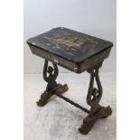19th century Chinese Export Black Lacquer Sewing Table with Gilt Chinoiserie decoration, the