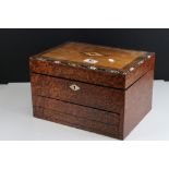 Victorian Mahogany, Burr Walnut and Mother of Pearl Inlaid Combination Sewing Box and Writing Slope,