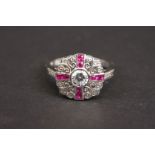 Silver, CZ & ruby panelled ring in the Art Deco style