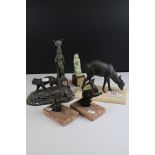 Art Deco Spelter Deer on marble plinth, 17cms high together with a Pair of Art Deco Spelter Deer,