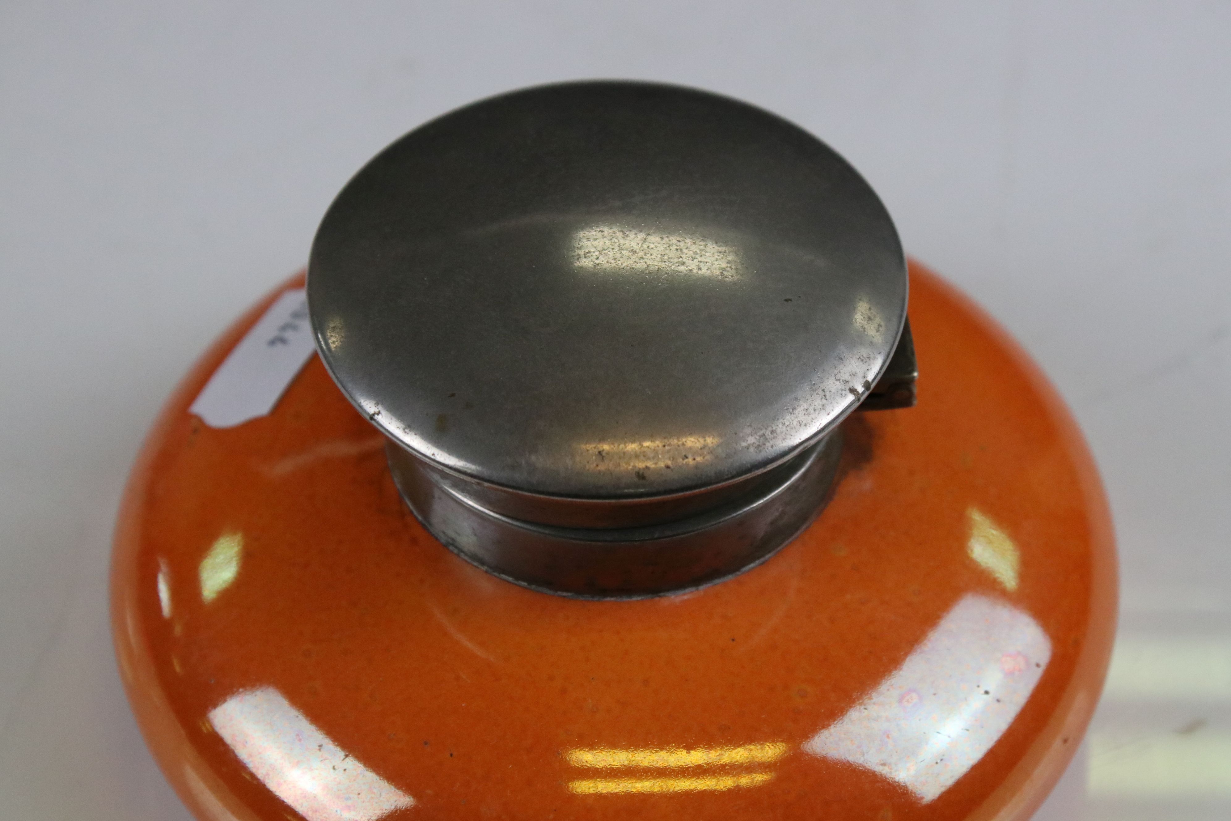 Moorcroft Orange Glazed Inkwell with silver plate lid, impressed marks to base, 12cms diameter - Image 3 of 10