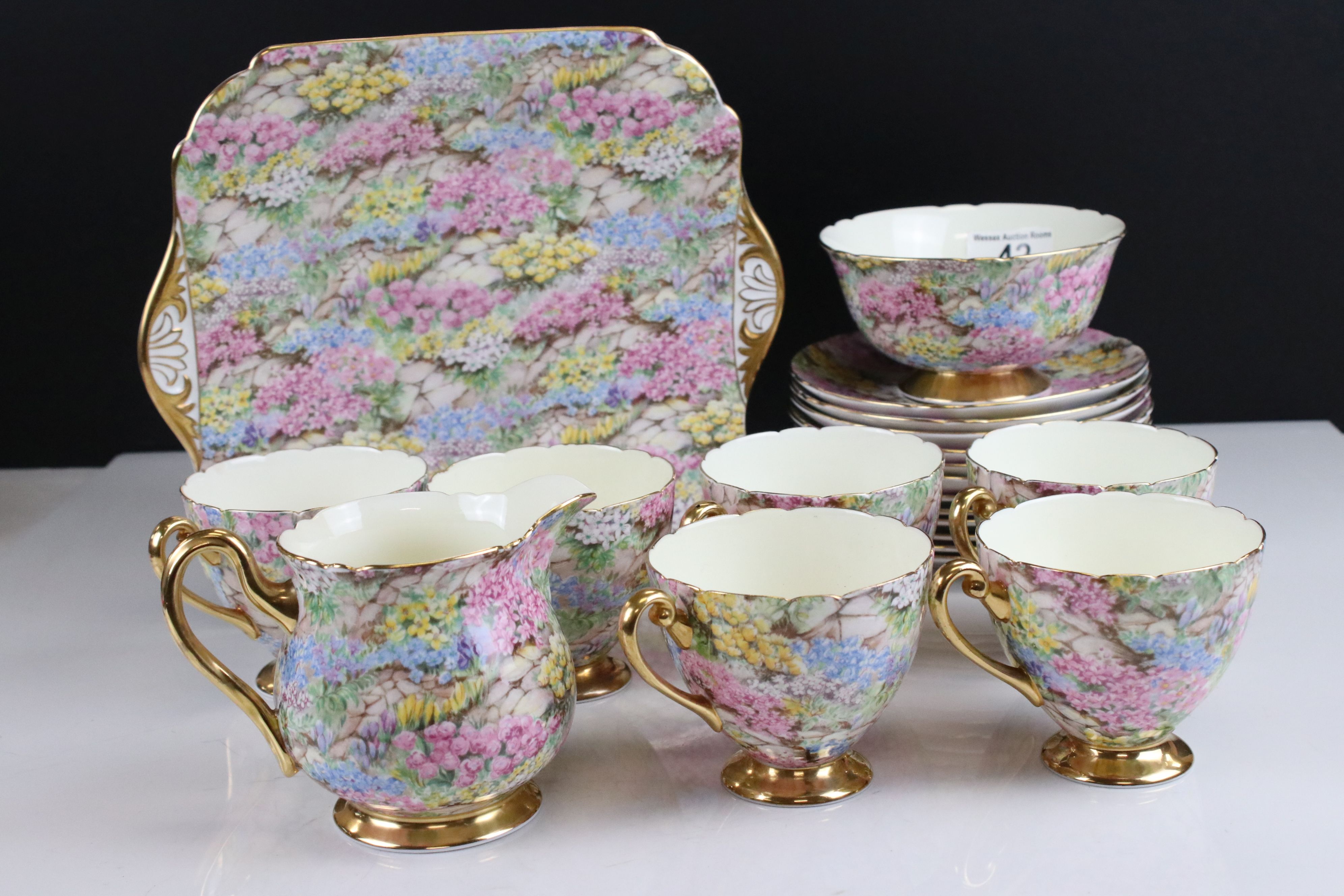 Shelley Rock Garden Tea Set comprising Six Cups, Saucers and Tea Plates plus Milk Jug, Sugar Bowl
