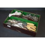 A collection of mainly silver plated cutlery together with a silver plated toast rack.