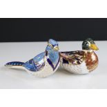 Two Royal Crown Derby Ceramic Paperweights - Mallard Duck (silver stopper) and Blue Jay (gold