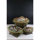 Set of Three Victorian Minton Majolica graduating Game Tureens and Covers, the lids moulded in the