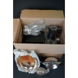 A large box of mixed silver plate to include Mappin & Webb and Walker & Hall examples.
