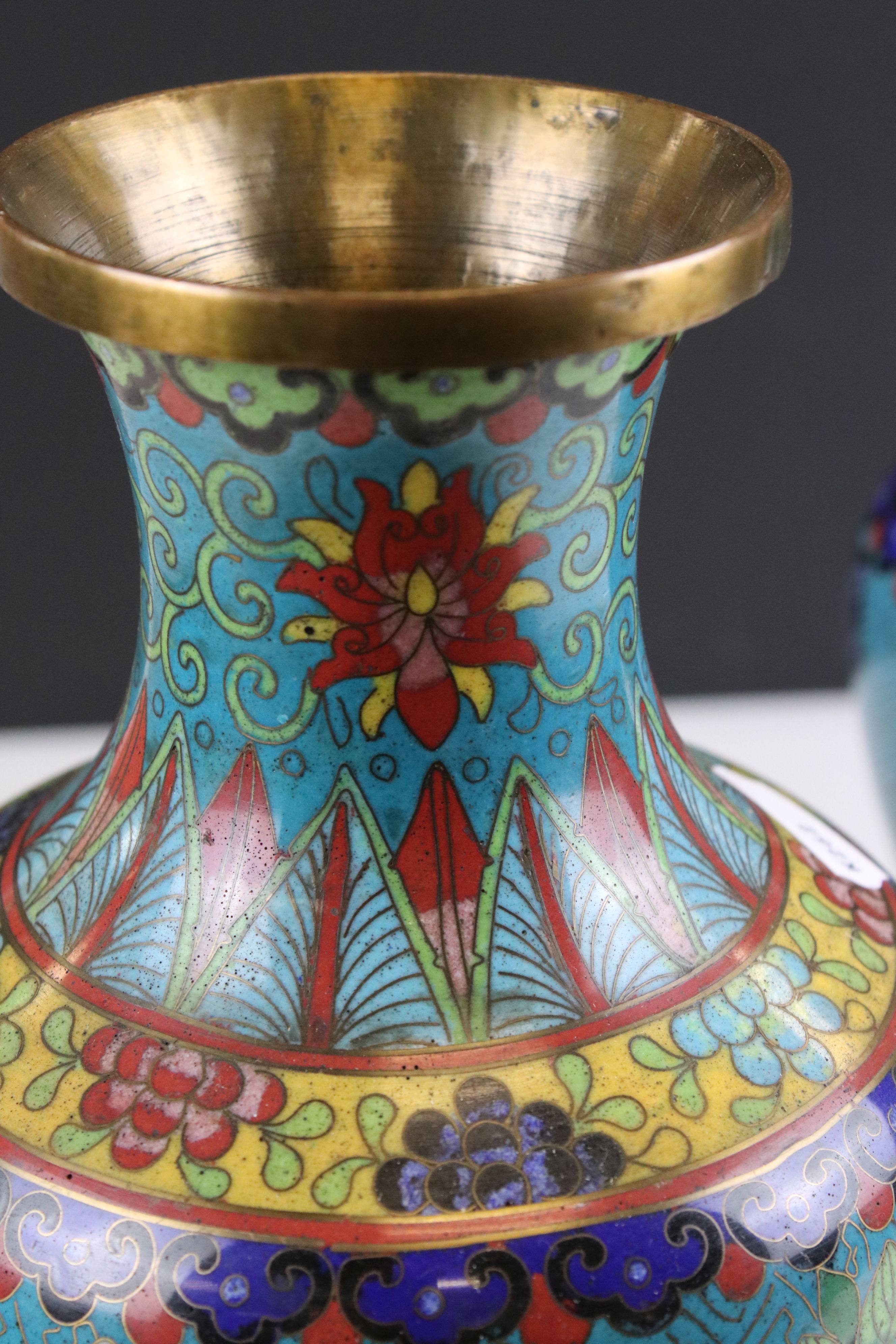 Pair of Chinese Cloisonne Vases decorated with flowers on a turquoise ground, 27cms high - Image 5 of 12